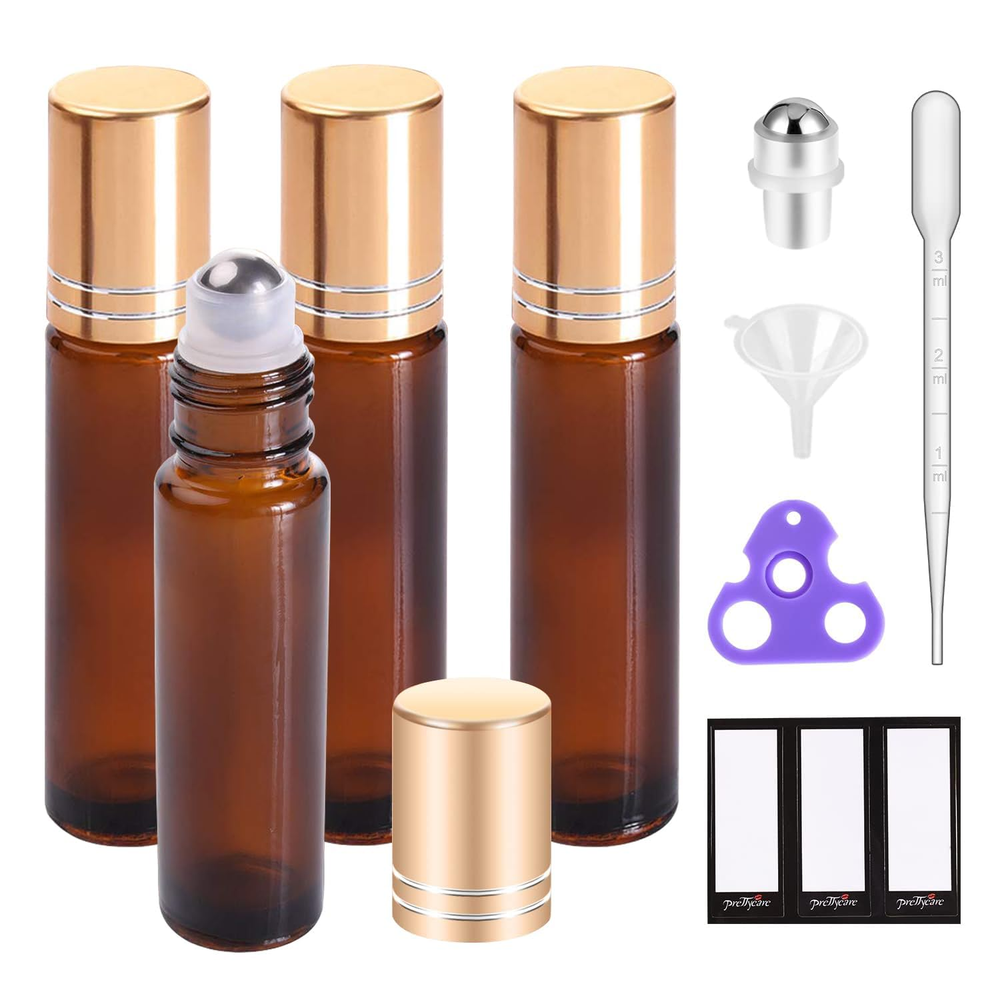 Prettycare 4 Pack 10ml Essential Oil Roller Bottles with Stainless Steel Rollerballs