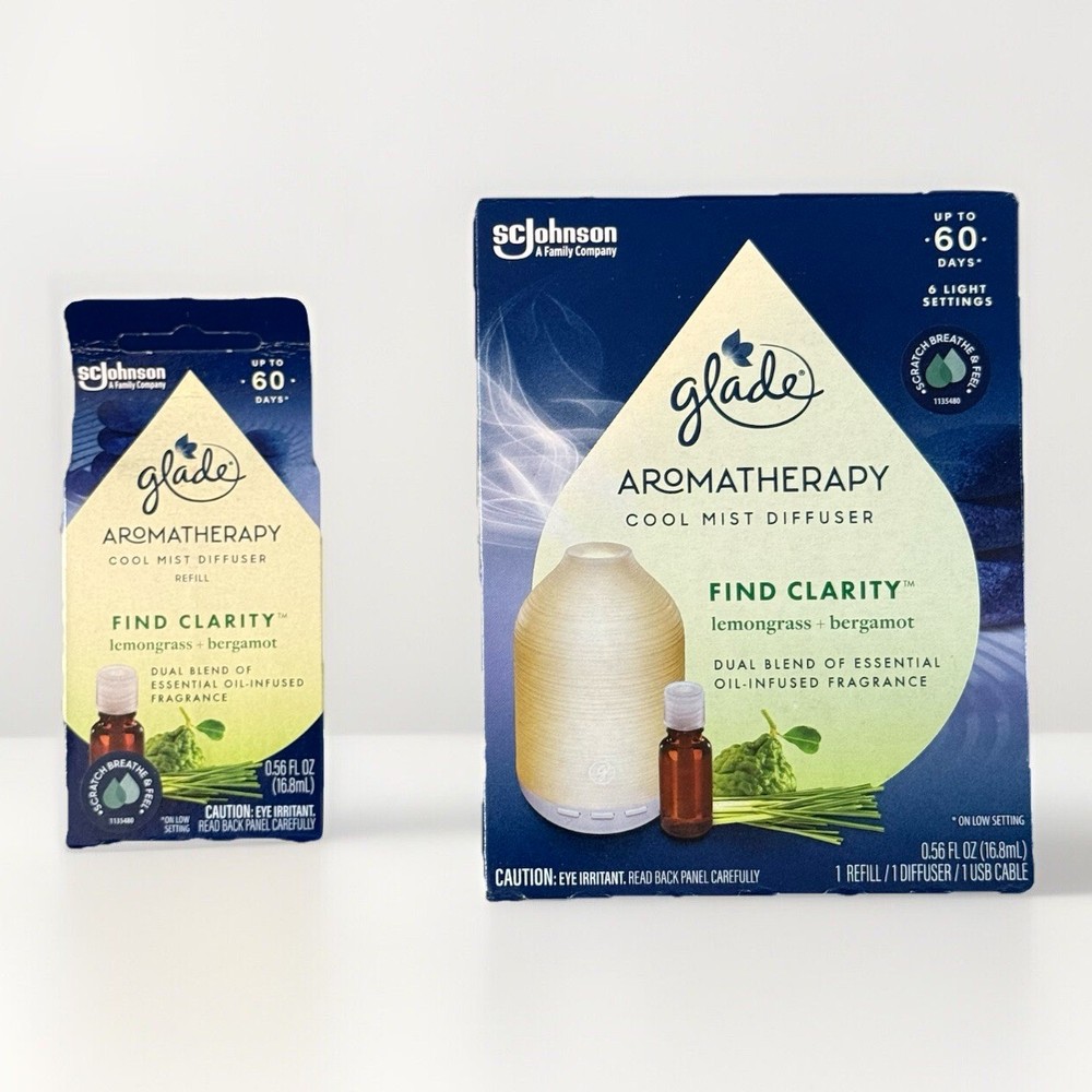 Glade Aromatherapy Mist DIFFUSER +2 REFILLS ~ Find Clarity Lemongrass+Bergamot