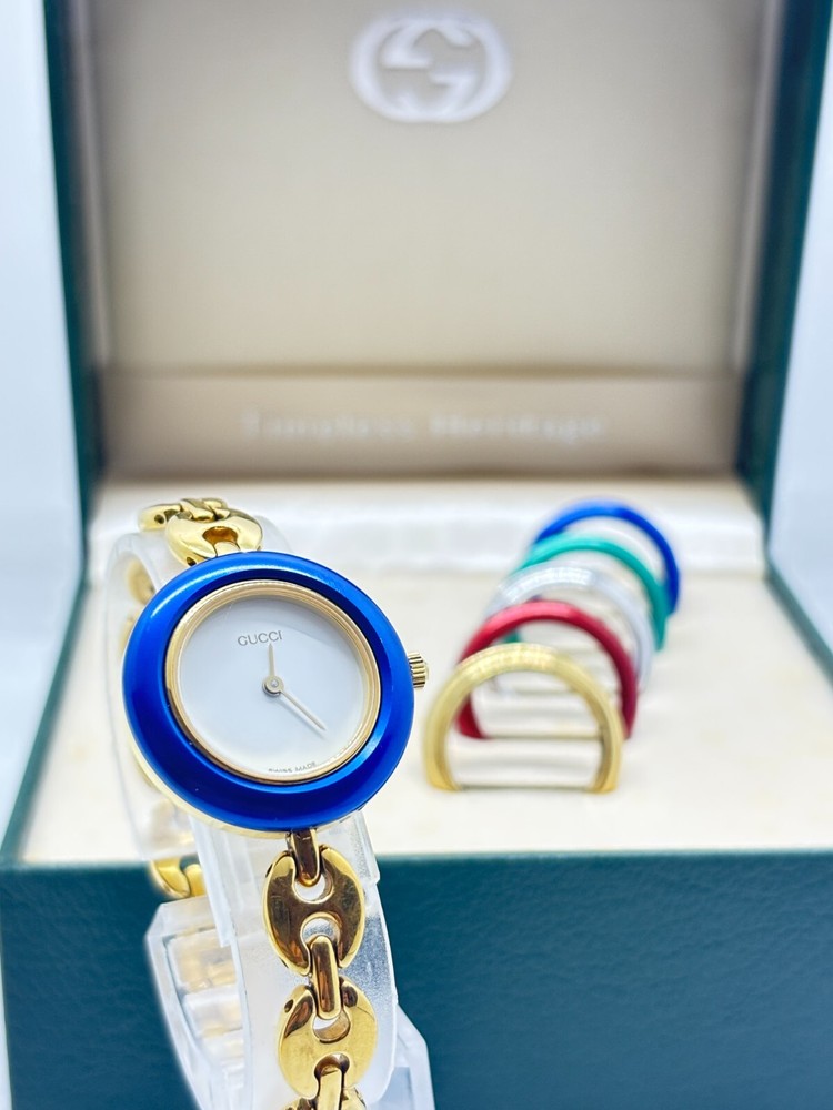 Gucci Change Bezel Gold Watch 6 Colors Working with Box Near Mint