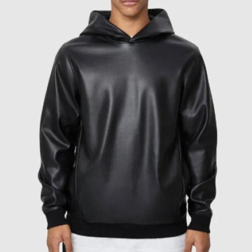 Men's Black Premium Leather Hoodie Handmade Genuine Lambskin Leather Jacket