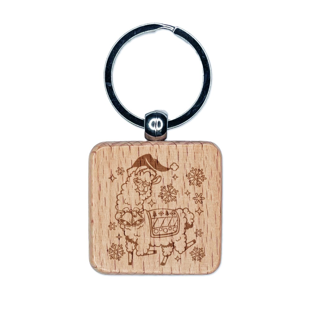 Festive Alpaca Engraved Wood Christmas Keychain Charm Gift