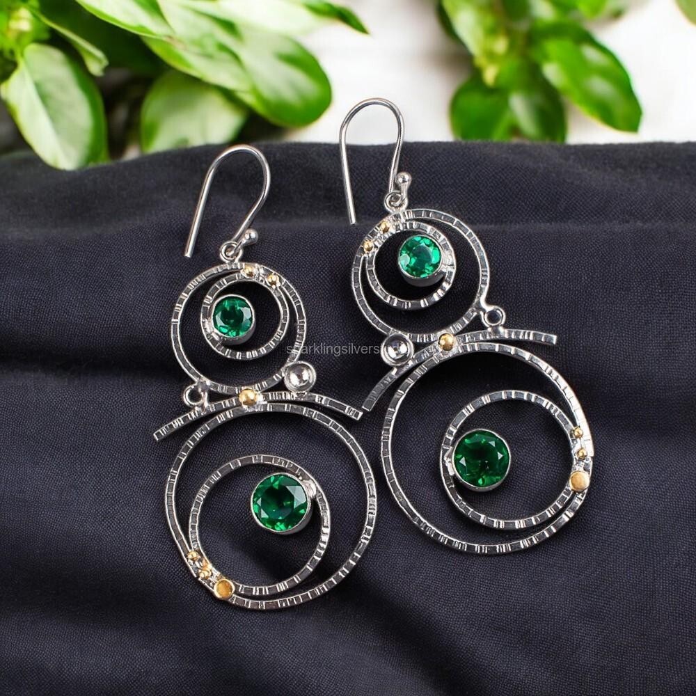 Sterling Silver Emerald Bezel Dangle Earrings for Mother's Day Gift-image