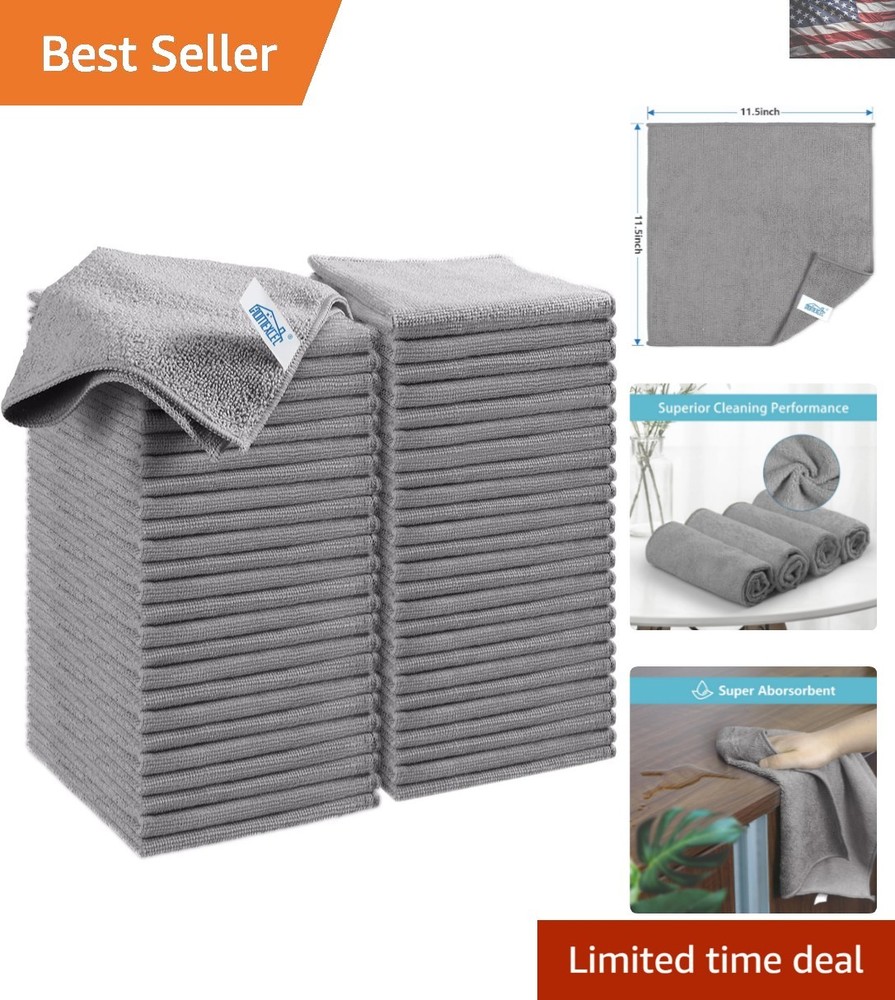 50-Pack Grey Microfiber Cloths - Super Absorbent, Lint-Free, Reusable & Eco-Friendly Cleaning Rags