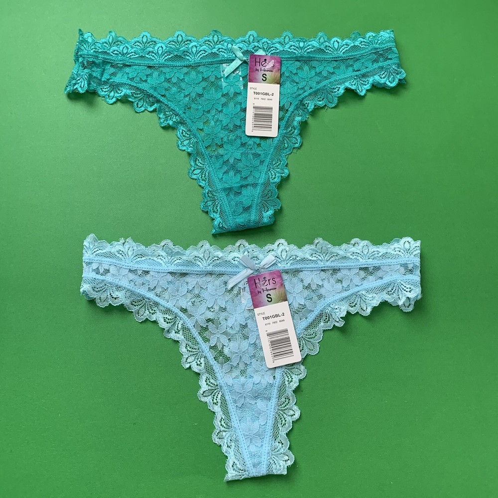 2 Hers  By Herman Lace Thongs  Blue Green Floral Size Small Scalloped Edges New