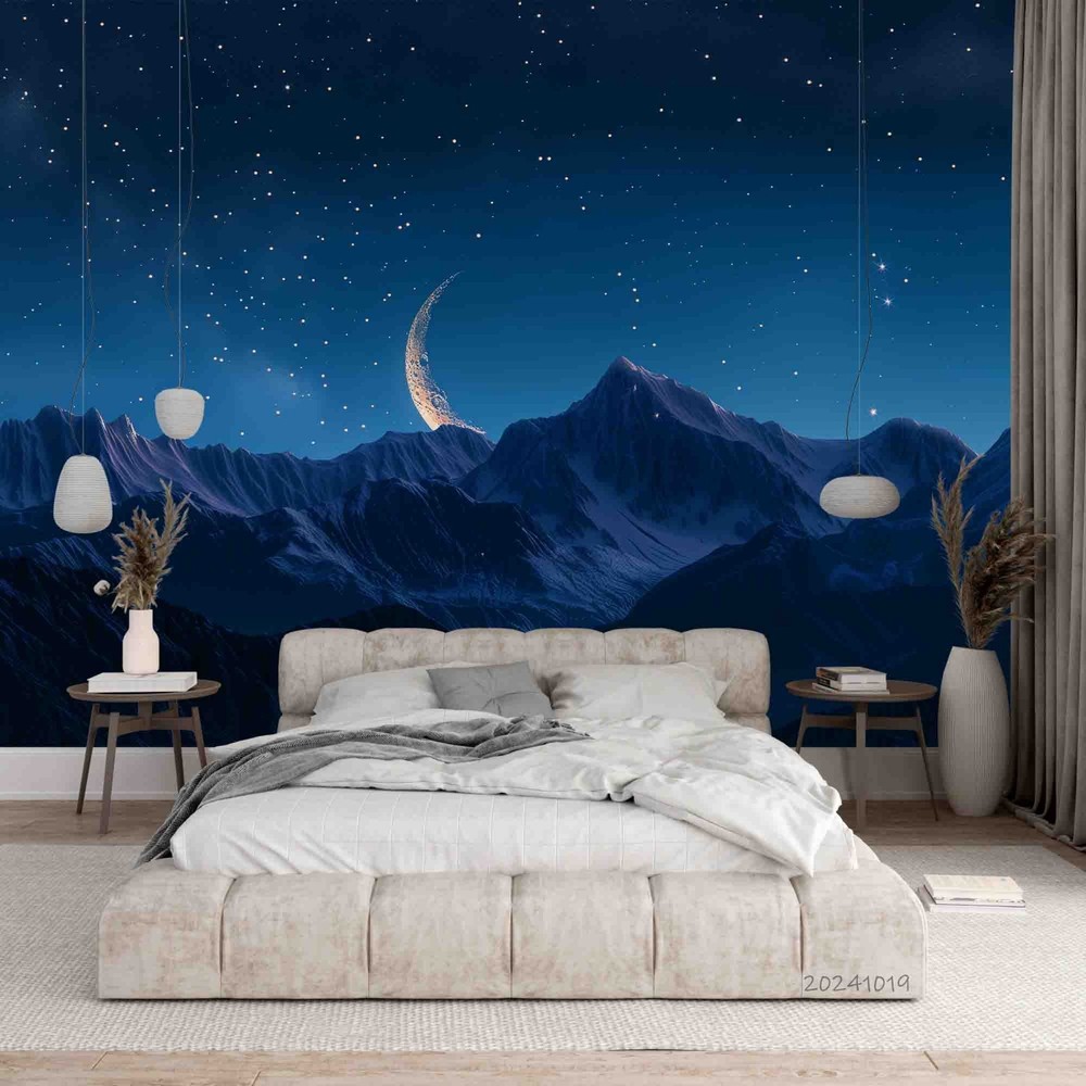 3D Mountains Starry Sky Moon Night Wall Murals Wallpaper Murals Wall Sticker