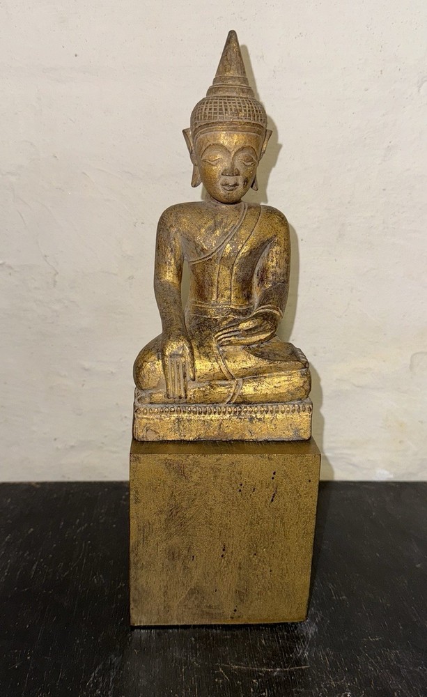 Vintage Gold Hand Carved Wooden Buddha Statue on Base