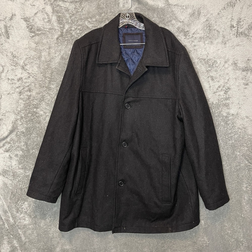 Tommy Hilfiger Men Wool Bland Quilted Lining Car Coat Jacket 2XL Black Overcoat