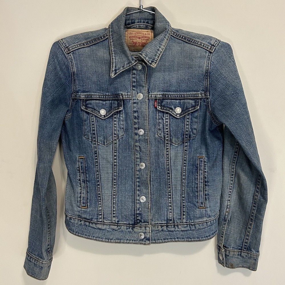 Levis Womens Medium Blue Denim Trucker Jacket Button Front Red Tab Casual