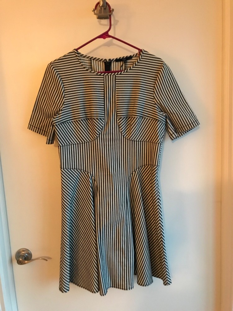 TIBI Striped Black Ivory Cotton Short Sleeve Zipper Back Dress New Without Tags