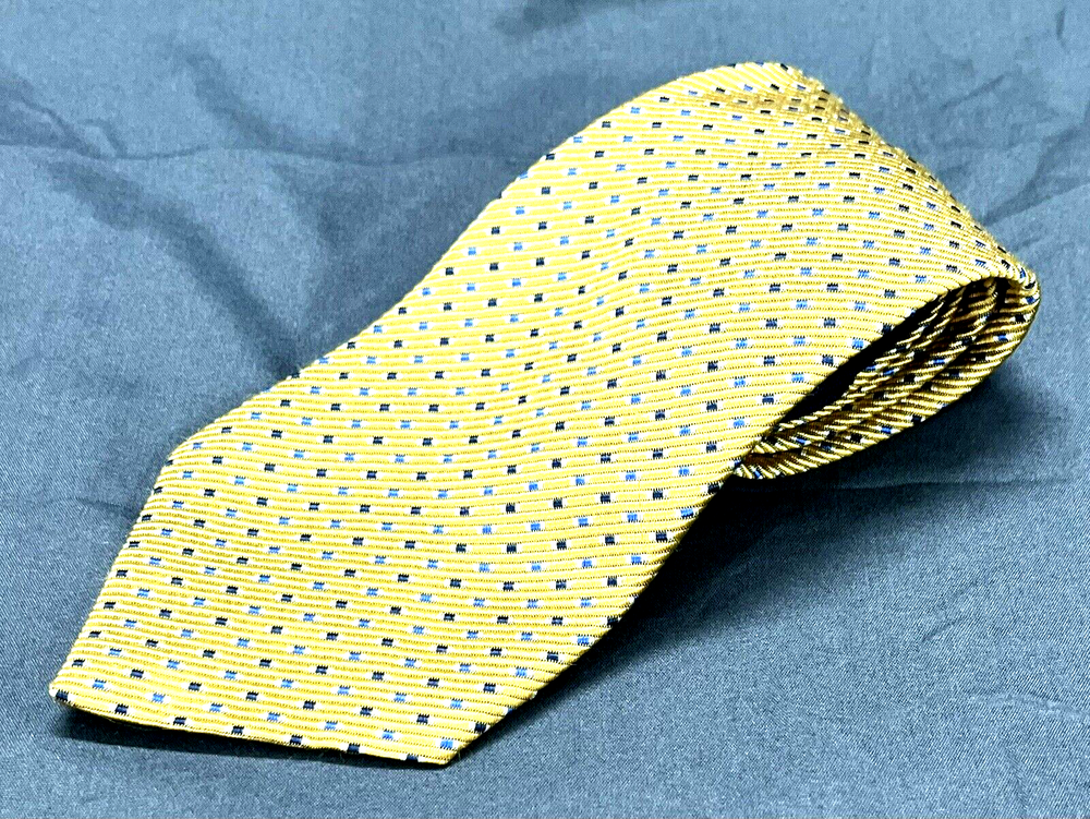 TOMMY HILFIGER Navy Blue Gold Square Dot Print Silk Mens Neck Tie
