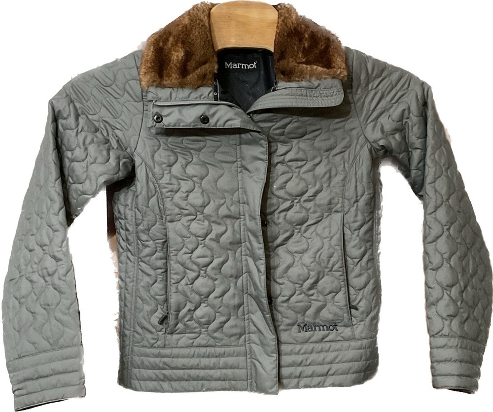 MARMOT St. Moritz Quilted Jacket Womens Medium Faux Fur Collar Full Zip Gray
