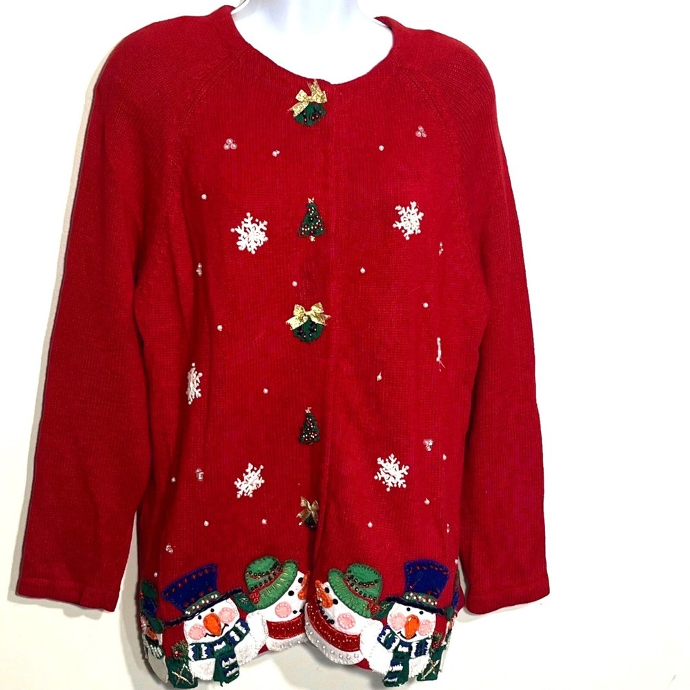 Vintage Ugly Christmas Sweater Cardigan Medium Beaded 3D Snowman Design
