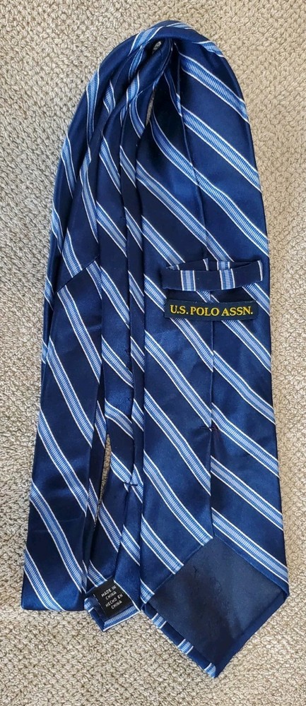 U.S. Polo Assn. Men’s Necktie  Navy Blue w/  Light Blue Stripes 100% Silk