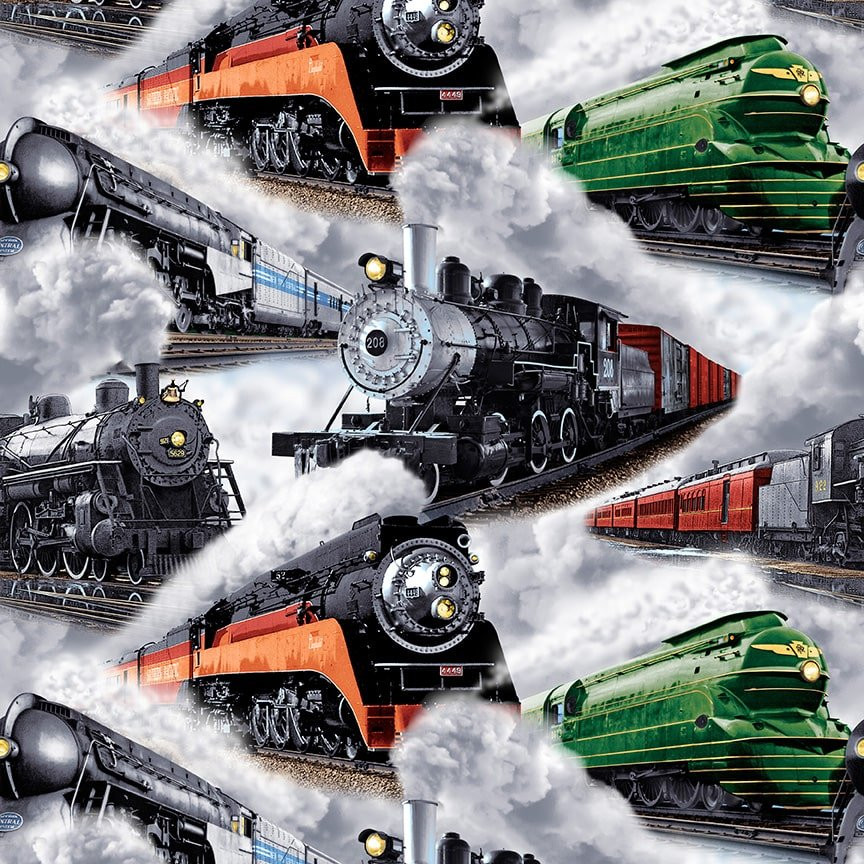 Train-Themed Gray Fabric for DIY Projects and Blank Yard Decor