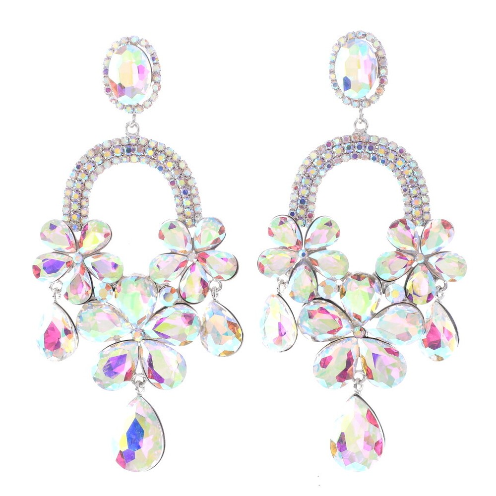 Silver Tone Metal Rhinestone Large Crystal Chandelier Post Earrings ESE9967-SAB