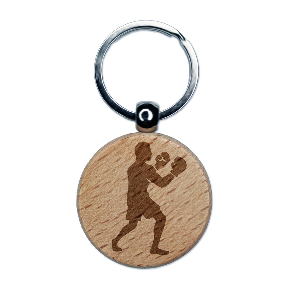 Boxer Boxing Fighting Pose Engraved Wood Round Keychain Tag Charm