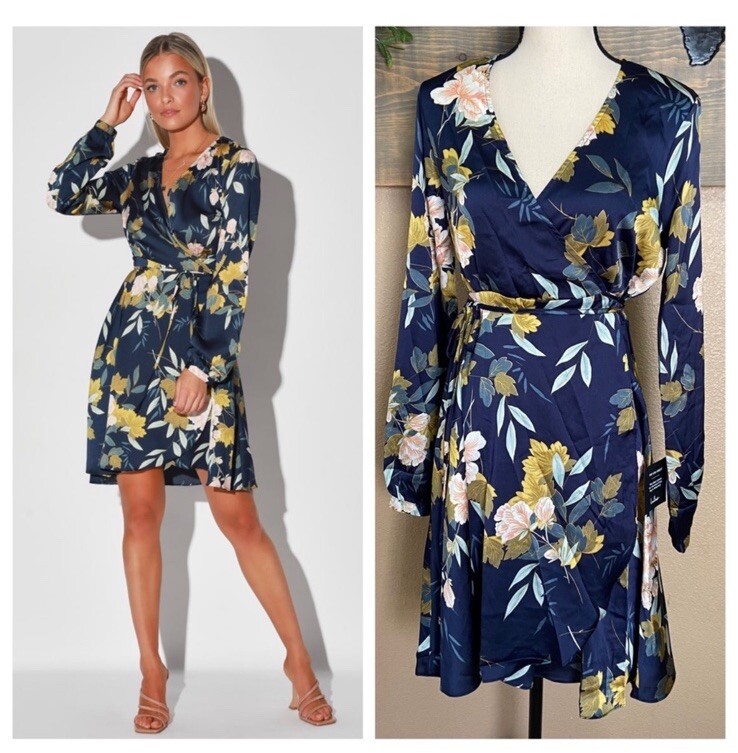 Lulu's Love is Life Navy Blue Floral Print Satin Wrap Dress Romantic Date Sze XL