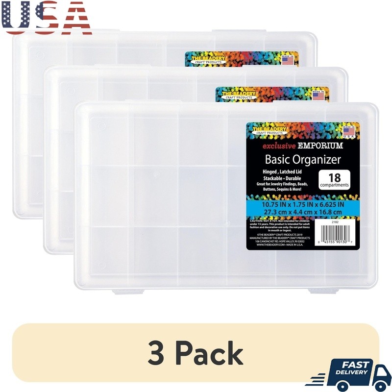 18-Slot Clear Plastic Storage Box 3-Pack for Crafts Fishing Travel