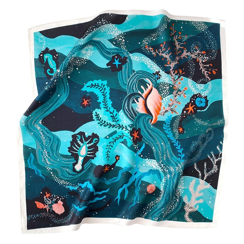 100% Mulberry Silk Small Scarf Women Neckerchief Wrap Blue Ocean Seabed 53*53cm