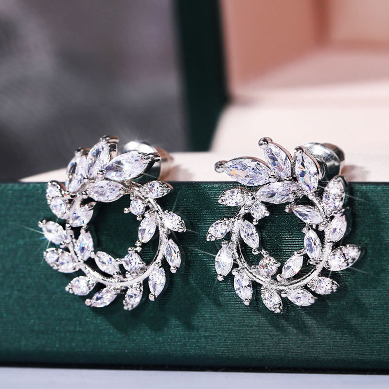 Women 925 Silver Loop Leaf Zircon Crystal Stud Earring Fashion Jewelry