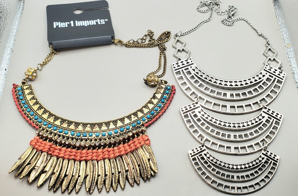 2 Statement Necklaces: India Faux Turquoise & Feather Fringe, Paparazzi 3 Tier