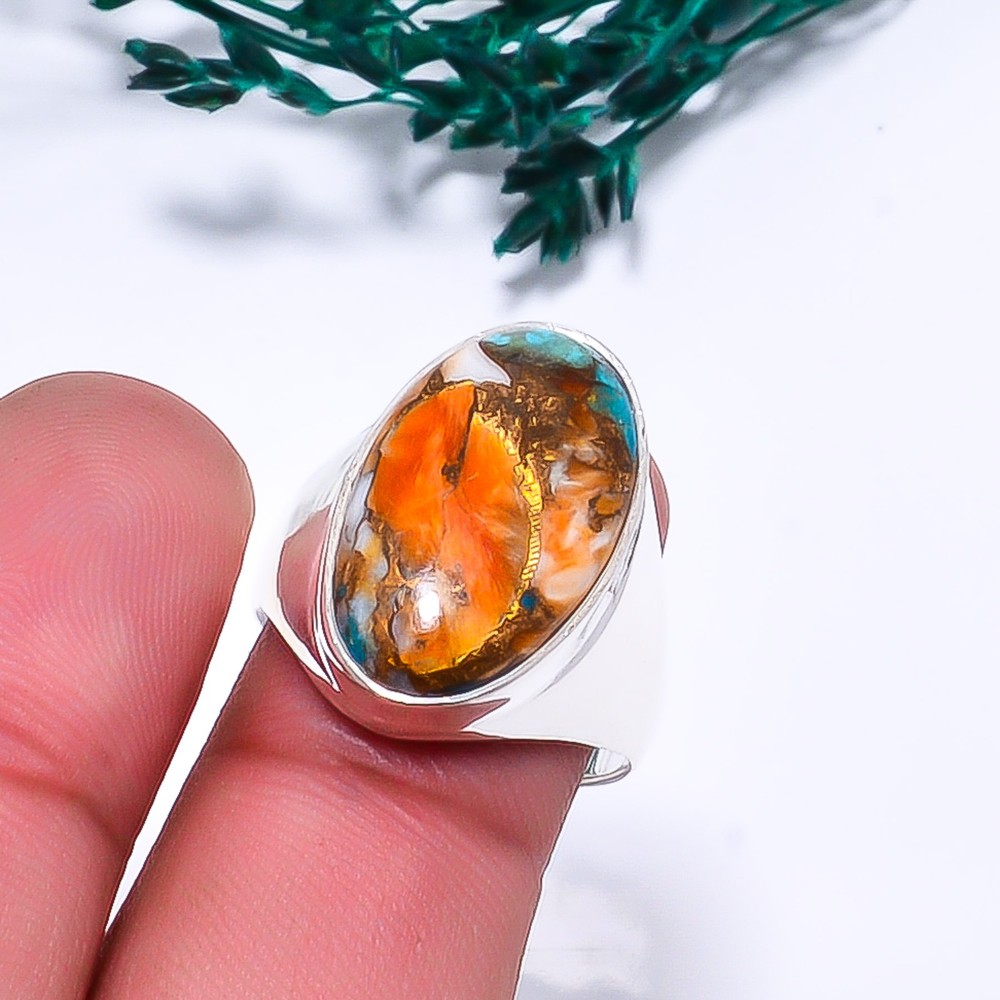 Copper Spiny Oyster Arizona Turquoise 925 Sterling Silver Ring S.8 R115122