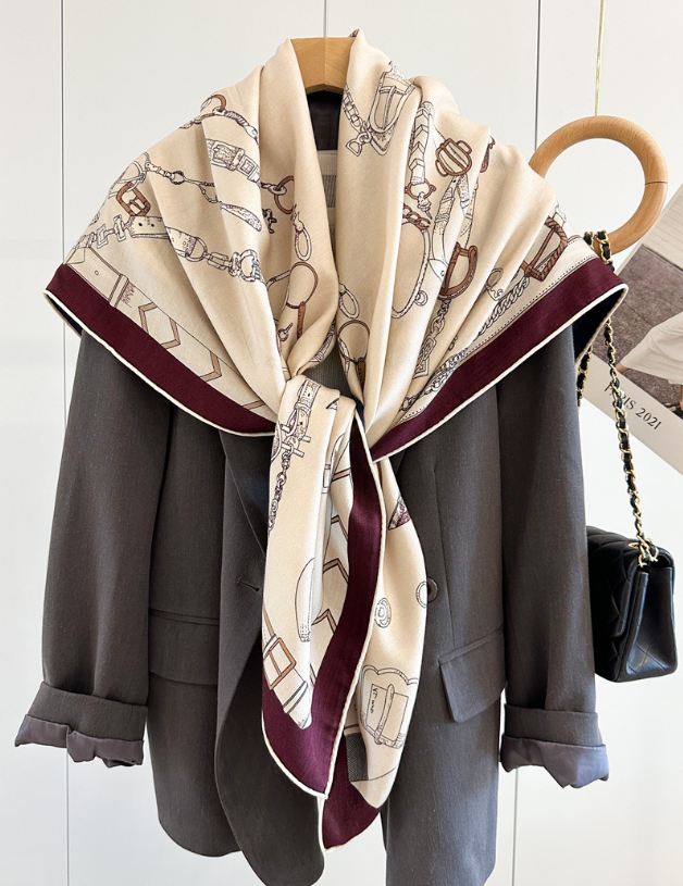 70% Cashmere 30% Silk Double Face Horse Print Wrap Scarf Shawl 53 Inches  