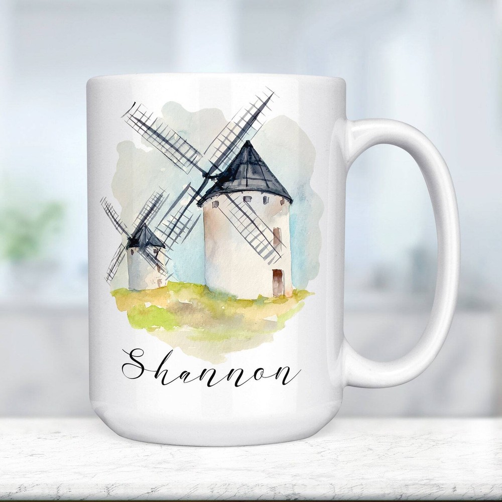 Watercolor Windmill Personalized Name Coffee Mug Microwave Dishwasher Safe Cup
