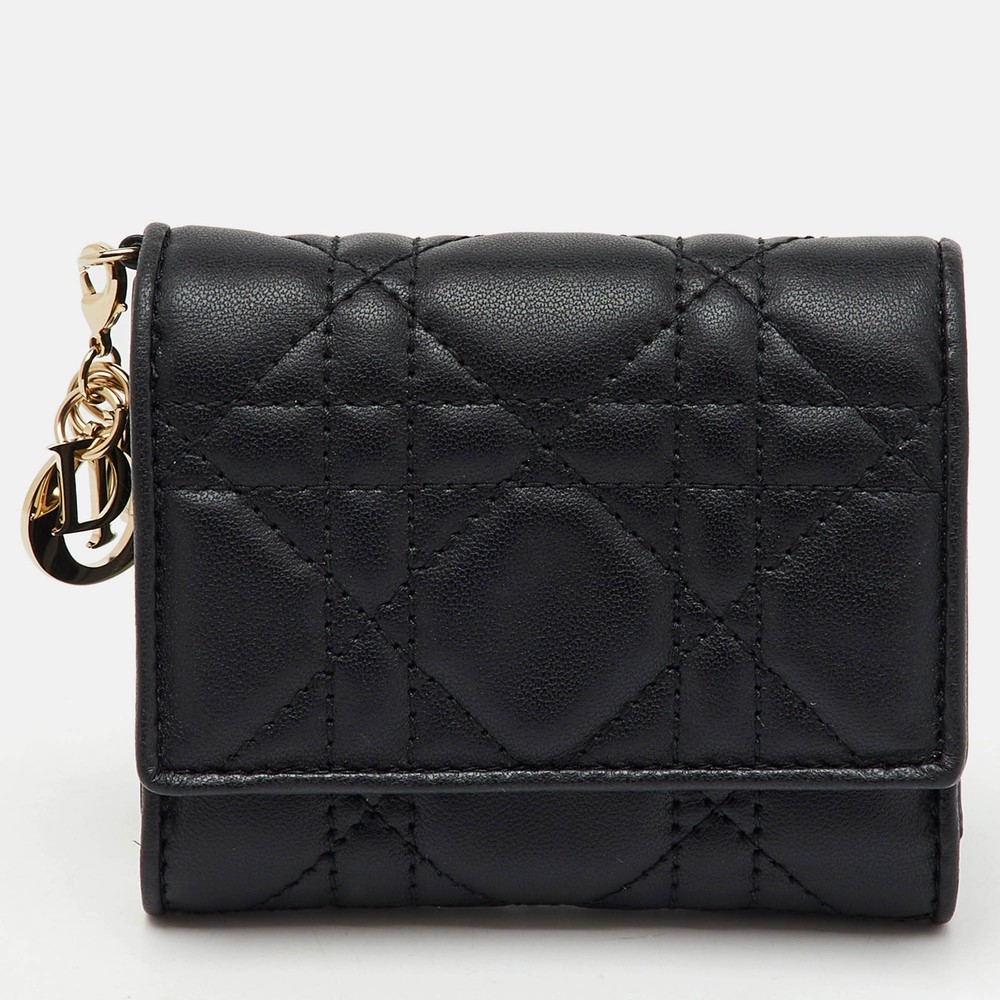 Dior Black Cannage Leather Lady Dior Trifold Wallet with Classic Quilted Design