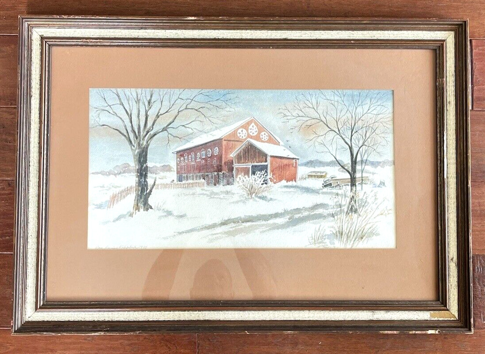 Rose Ranieri Kirkpatrick Original Watercolor Painting Snowy Red Barn Farm Scene