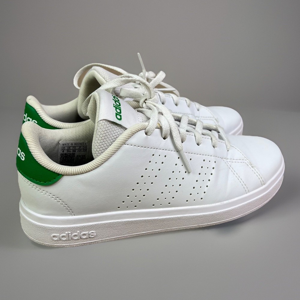 adidas Advantage Base 2.0 Shoes white shoes with green accents size 4 girls boys