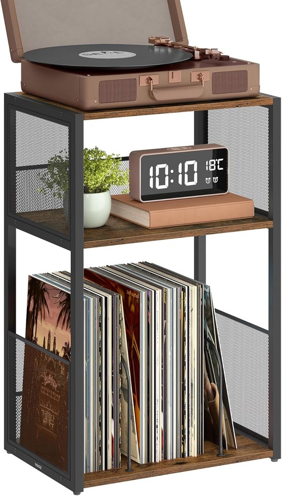 3-Tier Rustic Brown Record Rack Side Table for Bedroom or Living Room