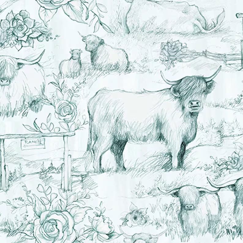 Highland Cow, 2 yard cut, coordinating prints in store, 100% cotton, FREE SHIP