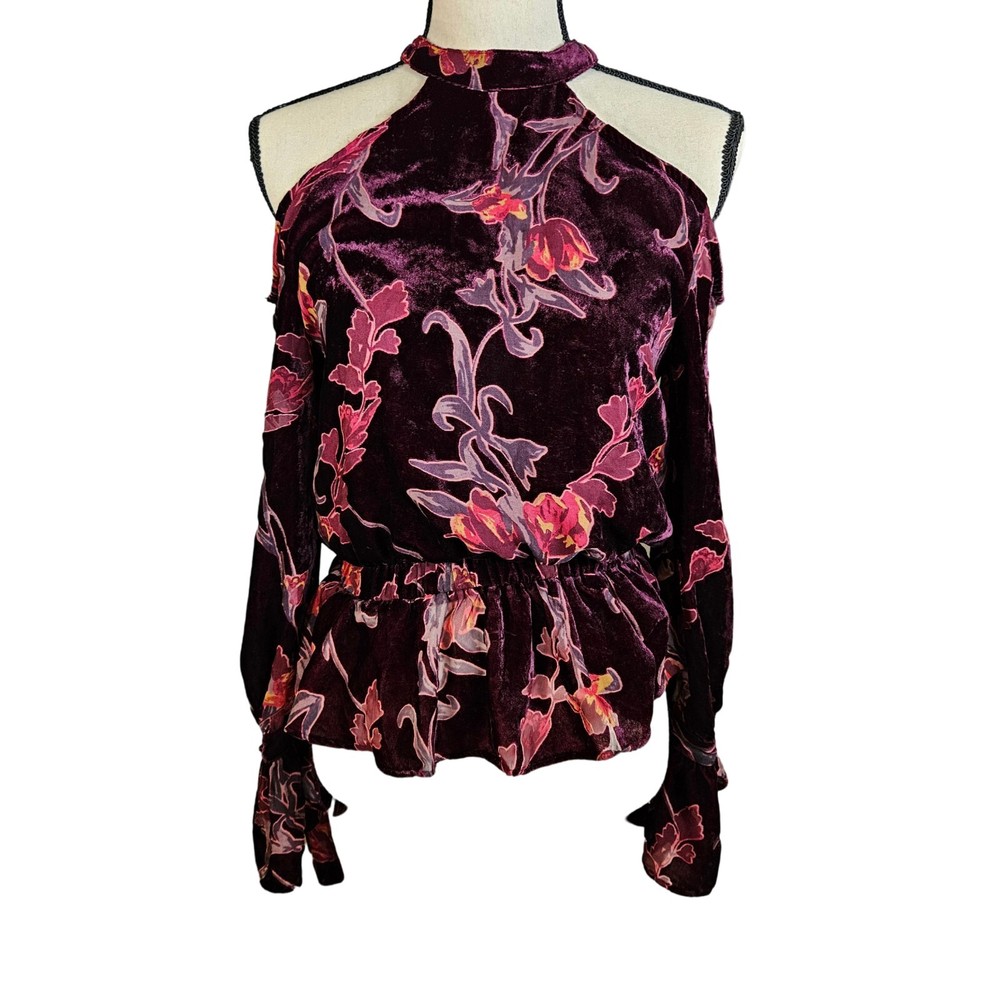 J.O.A. Los Angeles Velour Floral Blouse, Dark Purple, XS