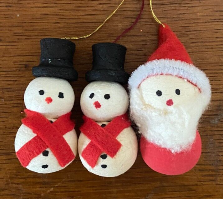 3 Vintage Christmas Tree Ornaments, Cotton & Felt, Santa + Snowman x 2