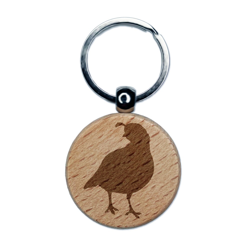 Walking Quail Bird Solid Engraved Wood Round Keychain Tag Charm