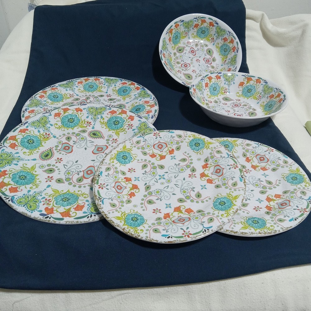 Melamine ware 6 pc set dinner + sandwich plates, salad bowls 2 each Floral...