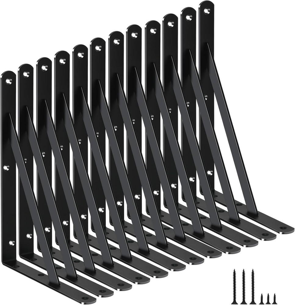 12 Pack Heavy Duty Black Metal Shelf Brackets 11x8 Inches with Screws