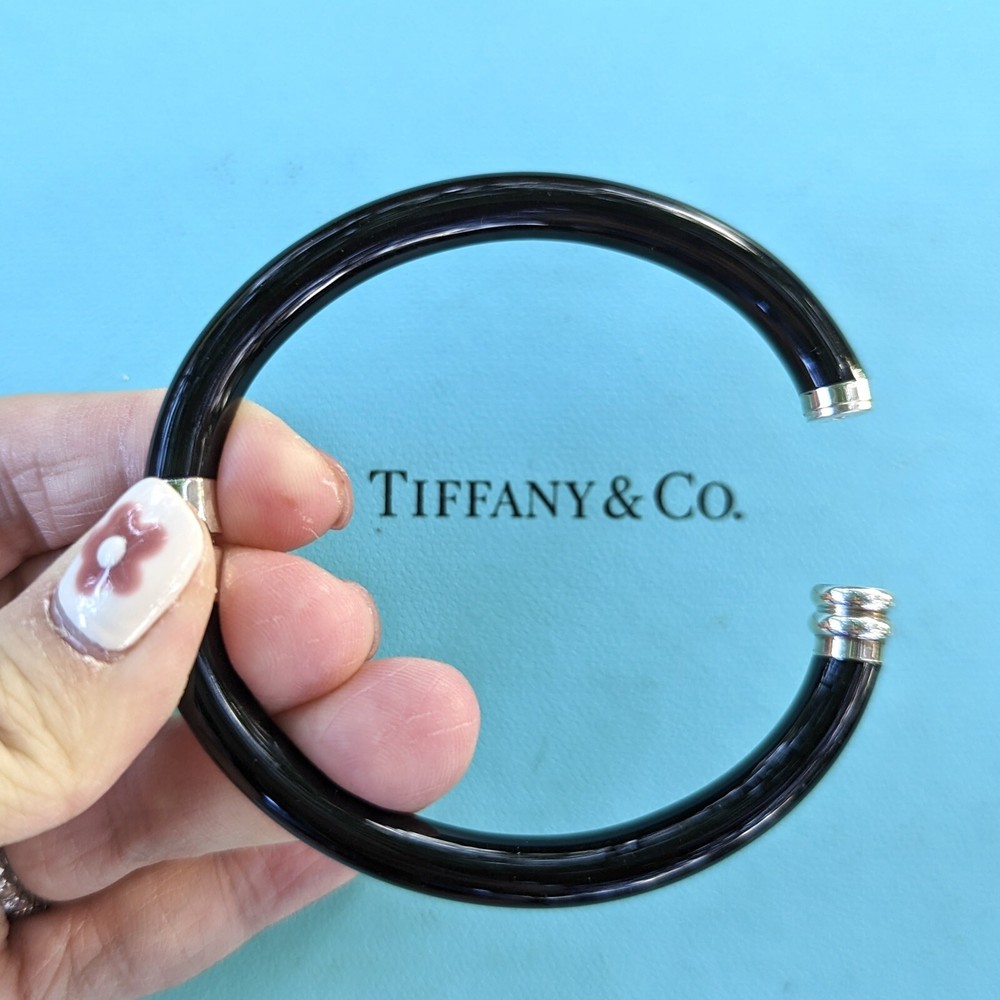 FLASH SALE 🩵 RARE Tiffany & Co Black Enamel Silver Hinge Cuff Bangle Bracelet-image