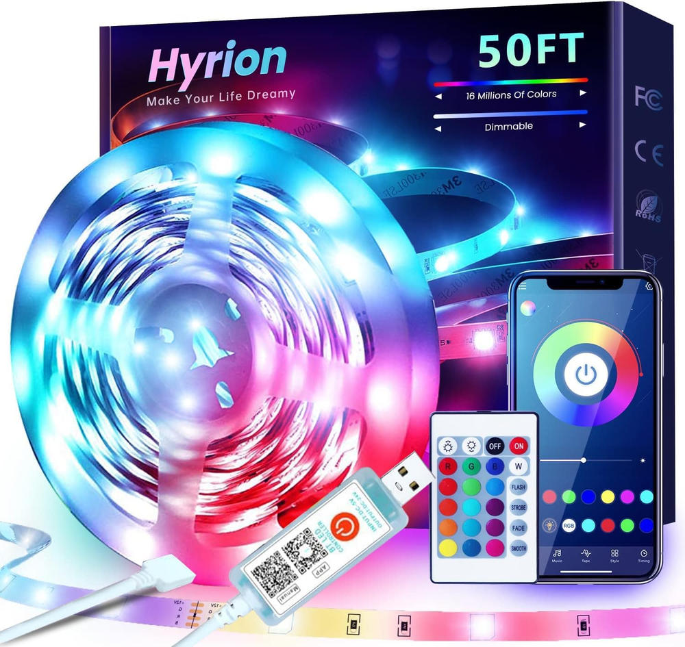 50Ft Usb-Powered RGB LED Strip Lights, Music Sync & Sound-Reactive Color Changin