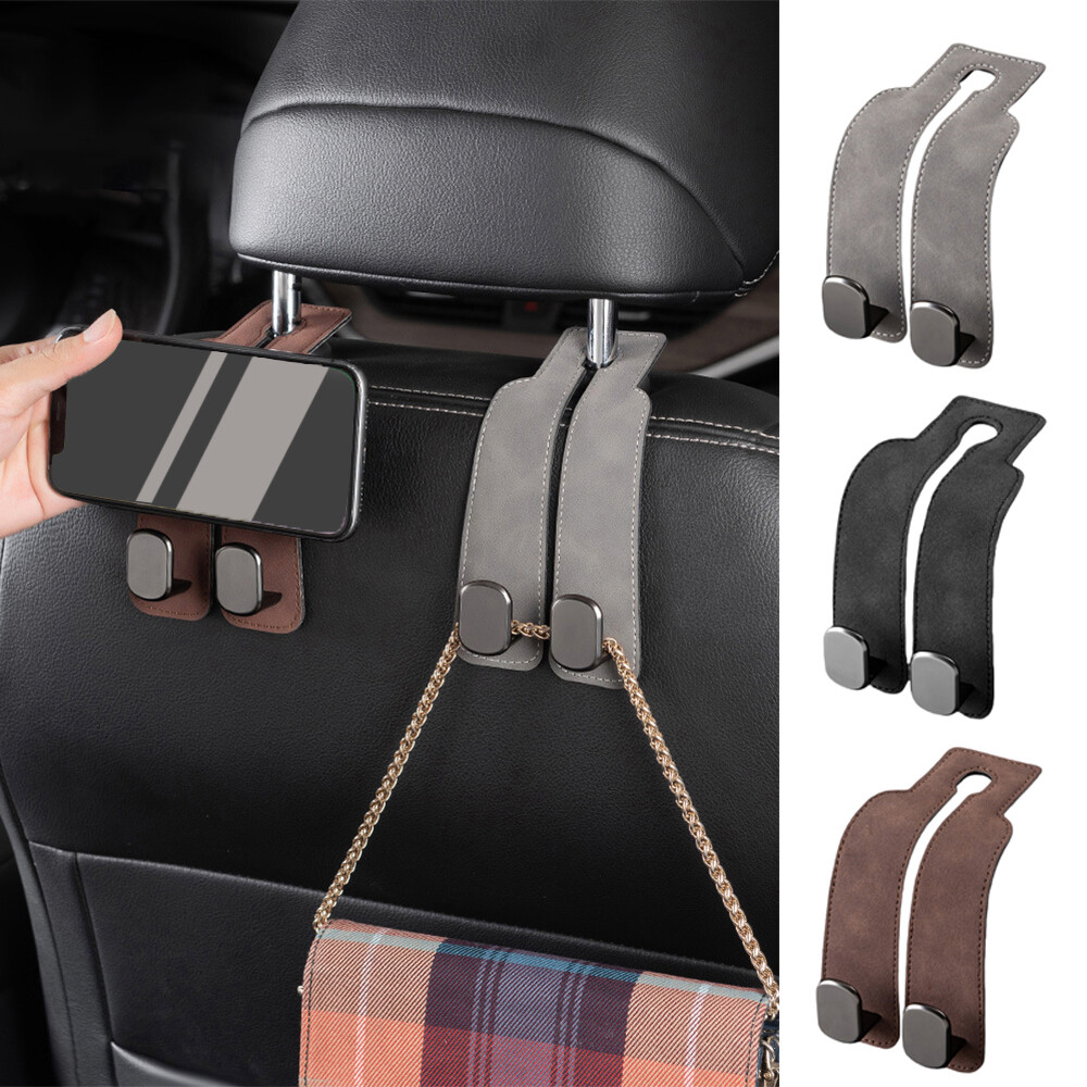 2/4PCS Car Headrest Hooks Double Leather Seat Back Storage Holder for Purse Bag;