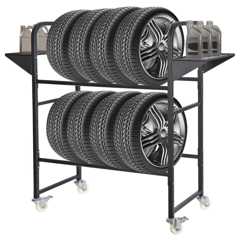 Adjustable 44x44 Garage Tire Storage Rack with 4 Casters and 2 Shelves