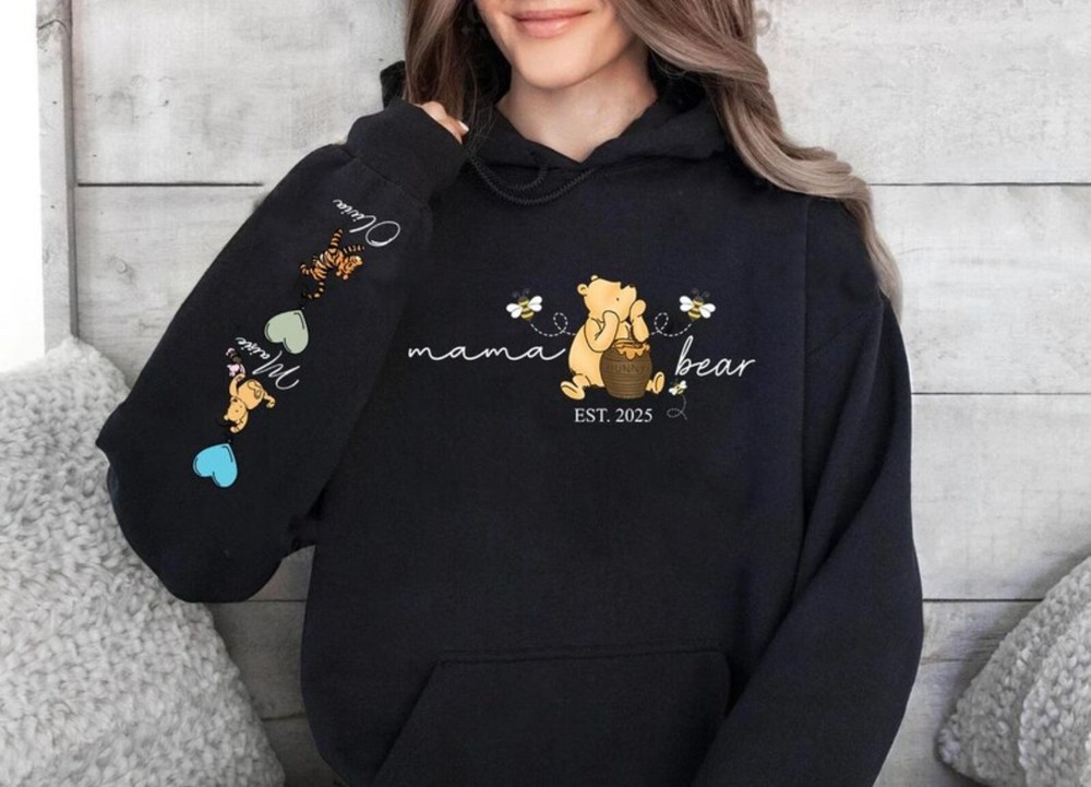 Mama Bear EST 2025 Hoodie Custom Name Heart On Sleeve Printed Mothers Day Jumper