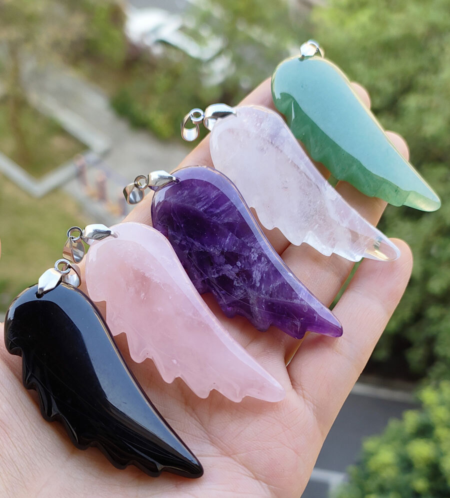 5pcs Natural Amethyst Vary Gems Angel Wing Pendants Magic Reiki Amulet Lucky