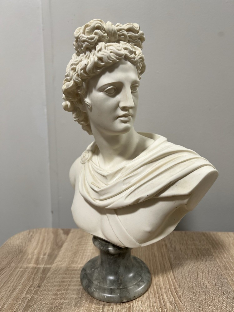 Alabaster Apollo statue on marble base by A Gianelli Italy