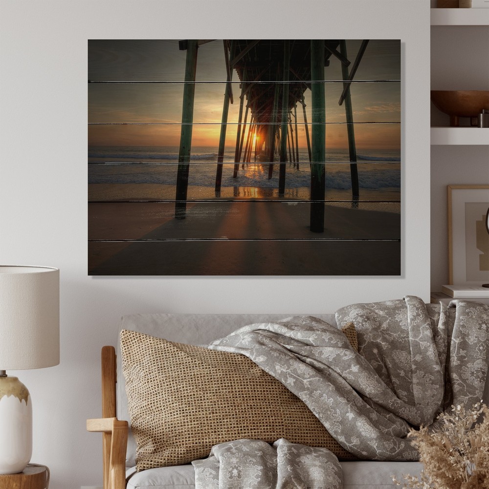 Designart 'Sunrise By The Pier' Nautical & Coastal Wood Wall Art - Natural Pine