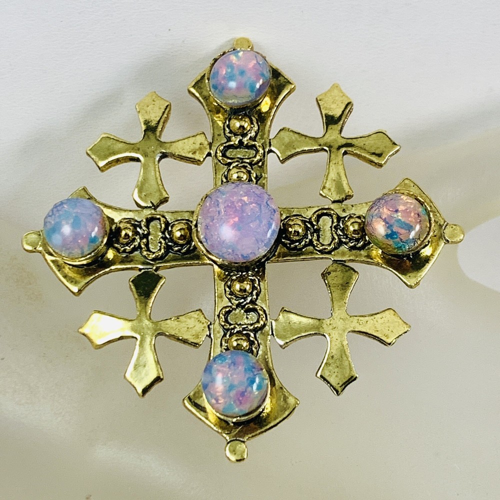 Vintage WEISS Simulated Opal  Jerusalem Maltese Cross Brooch Pendant Combo Pin