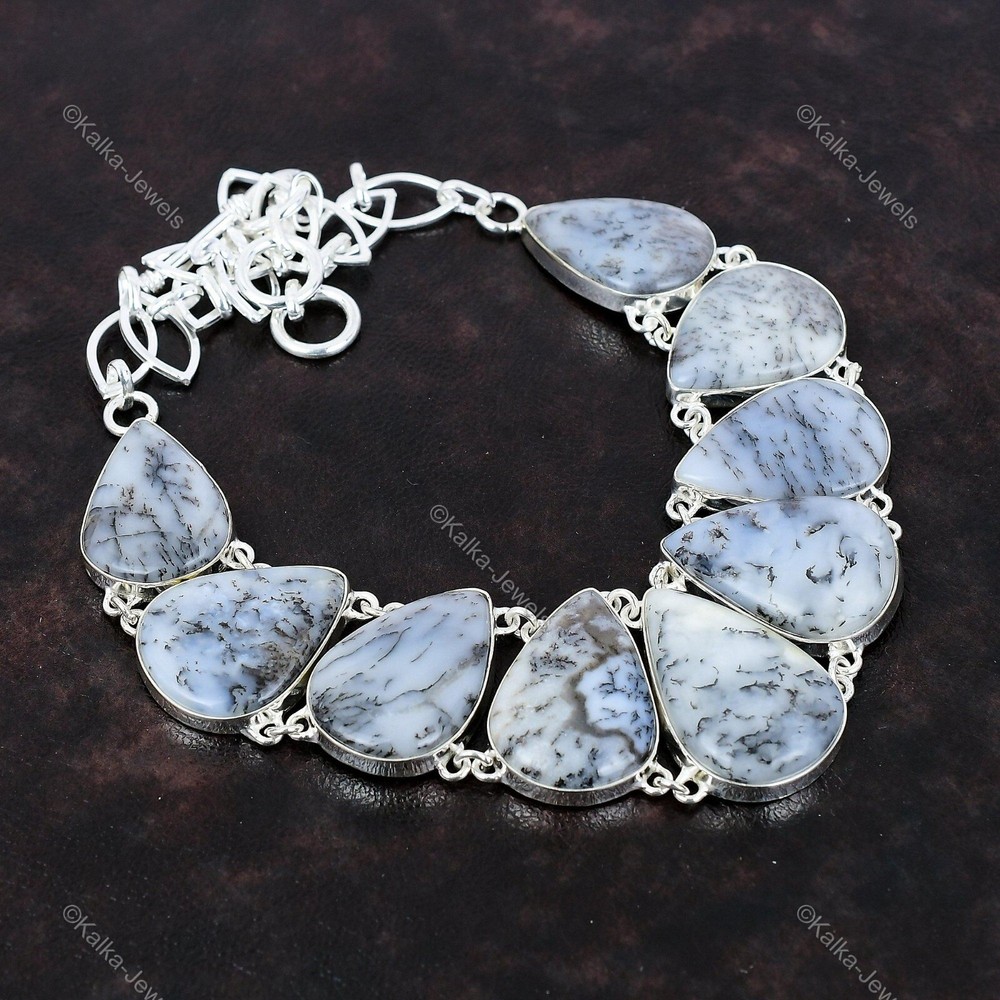 Mothers day Sale 925 Silver Pear Dendrite Opal Stone Chain Wife Necklace Jewelry-image