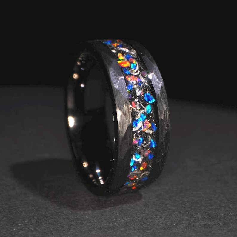 8mm Meteorite & Galaxy Opal Hammered Black Tungsten Men's Ring Wedding Band