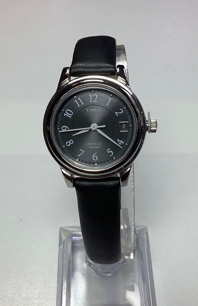 Timex Indiglo Silver Black Leather Watch with Date and 50M Water Resistance